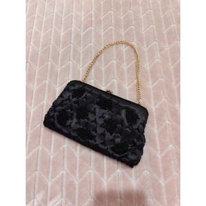 Walborg Black Beaded‎ Satin Evening Bag Gold Chain Clutch Hong Kong Glam Formal